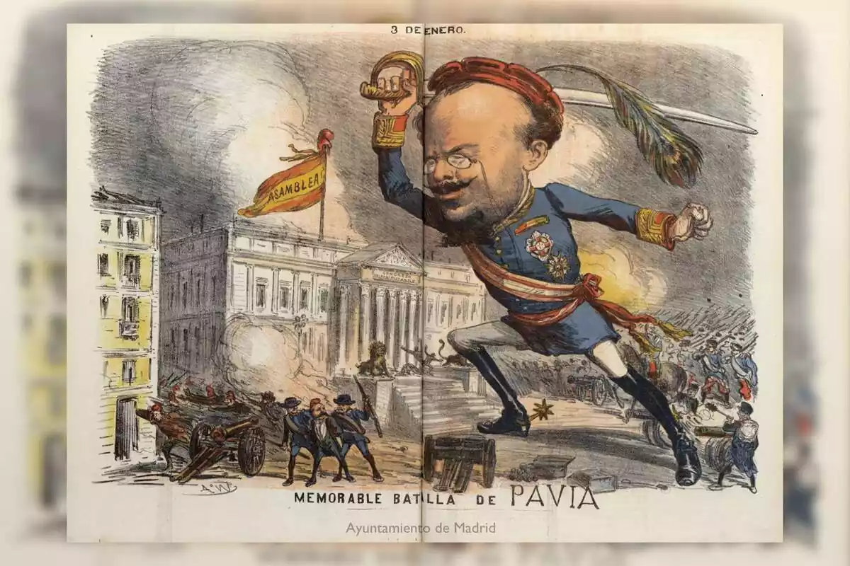 Ilustración del general Pavía en las Cortes, publicada en “La Madeja Política” del 24 de enero de 1874
