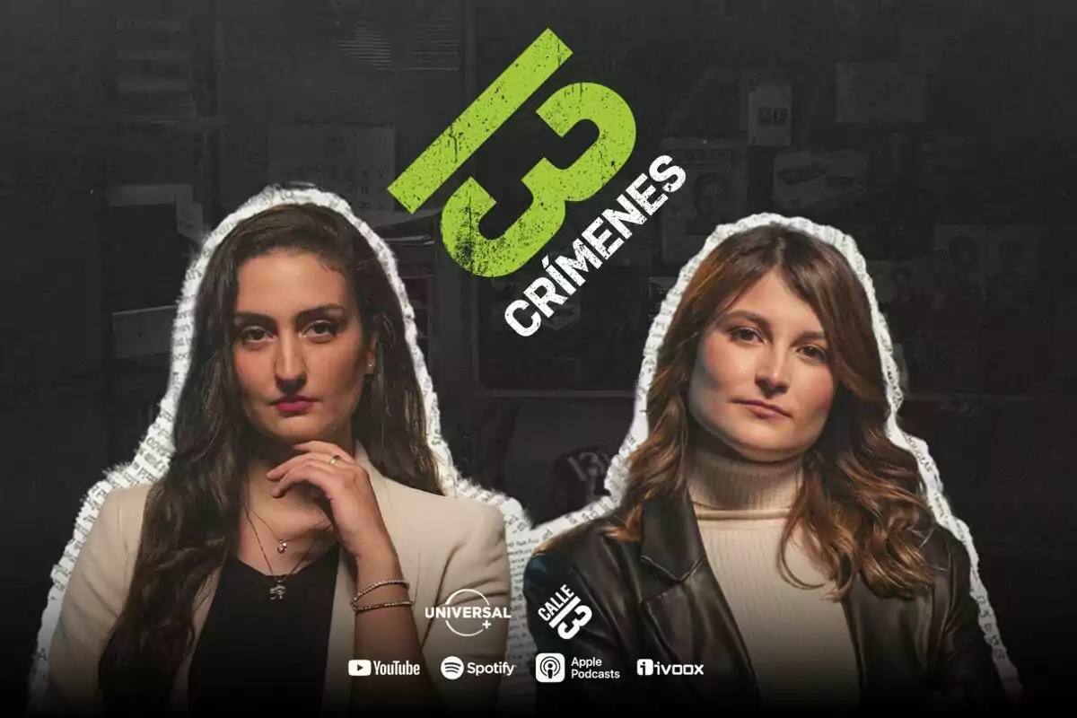 Imagen promocional del podcast "13 Crímenes" con Silvia Ortiz y Emma Entrena en primer plano y el logo del programa en el centro, disponible en Universal+, YouTube, Spotify, Apple Podcasts y iVoox.