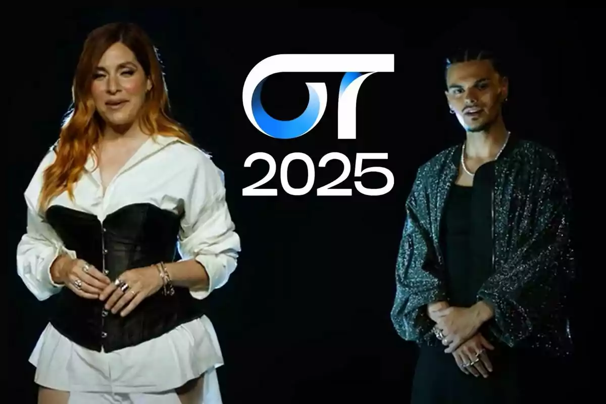 Leire Martínez y Abraham Mateo personas posan frente a un fondo negro junto al logo de OT 2025