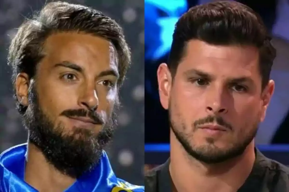 Dos hombres con barba y cabello oscuro aparecen en primer plano, Borja González lleva una chaqueta azul en Supervivientes y Alejandro Nieto viste de negro, ambos con expresiones serias.