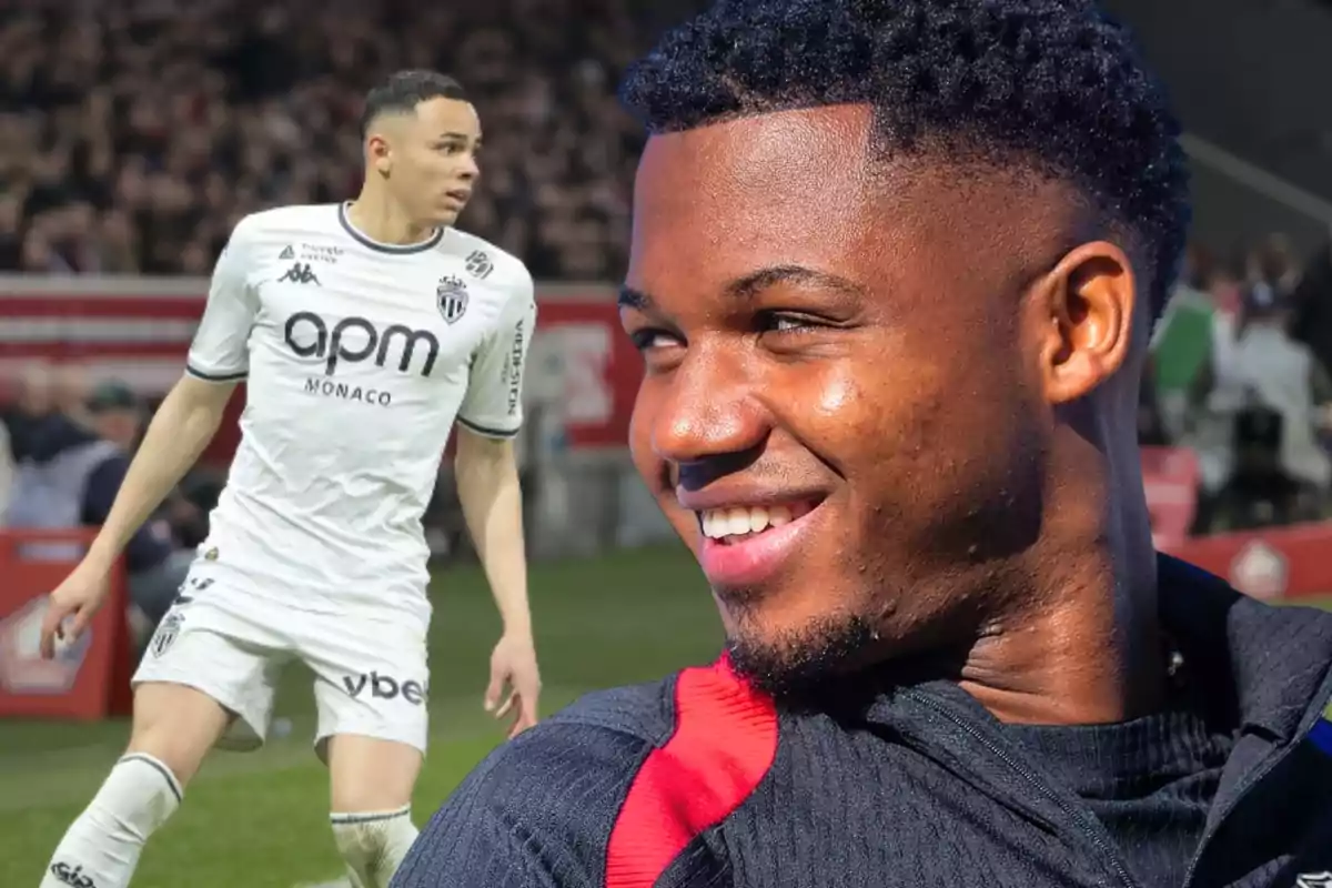 Un futbolista con uniforme blanco en el campo y un primer plano de otro jugador sonriendo