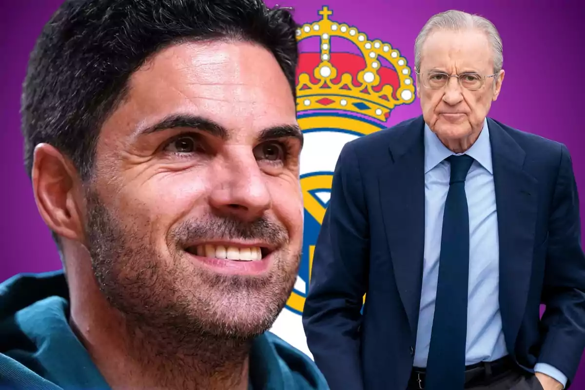 Dos hombres en primer plano con el escudo del Real Madrid de fondo sobre un fondo morado