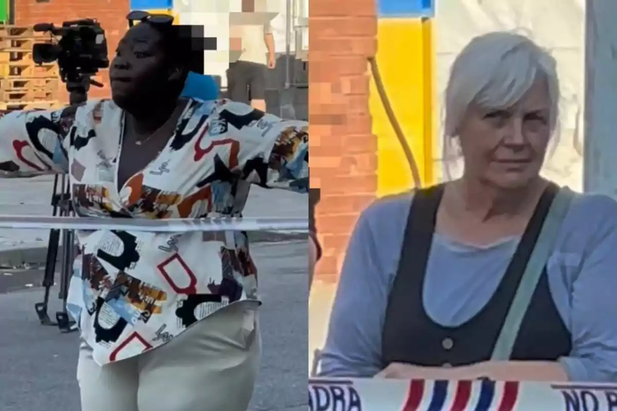 Dos mujeres están en la calle, una con los brazos extendidos y la otra observando, con cinta de precaución en primer plano.