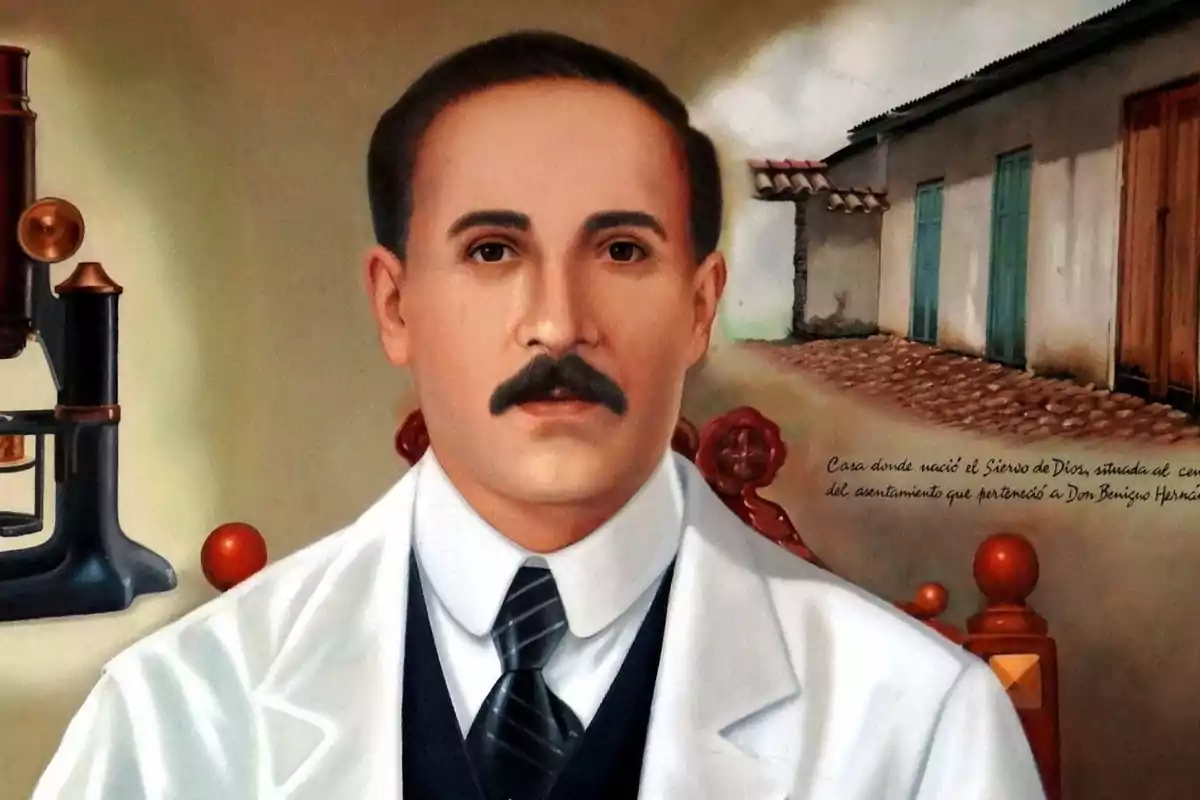 Retrato de un hombre con bigote y bata blanca, sentado frente a un fondo que muestra una calle empedrada y casas, con un microscopio antiguo a la izquierda. Retrato de un hombre con bigote y bata blanca, sentado frente a un fondo que muestra una calle empedrada y casas, con un microscopio antiguo a la izquierda.