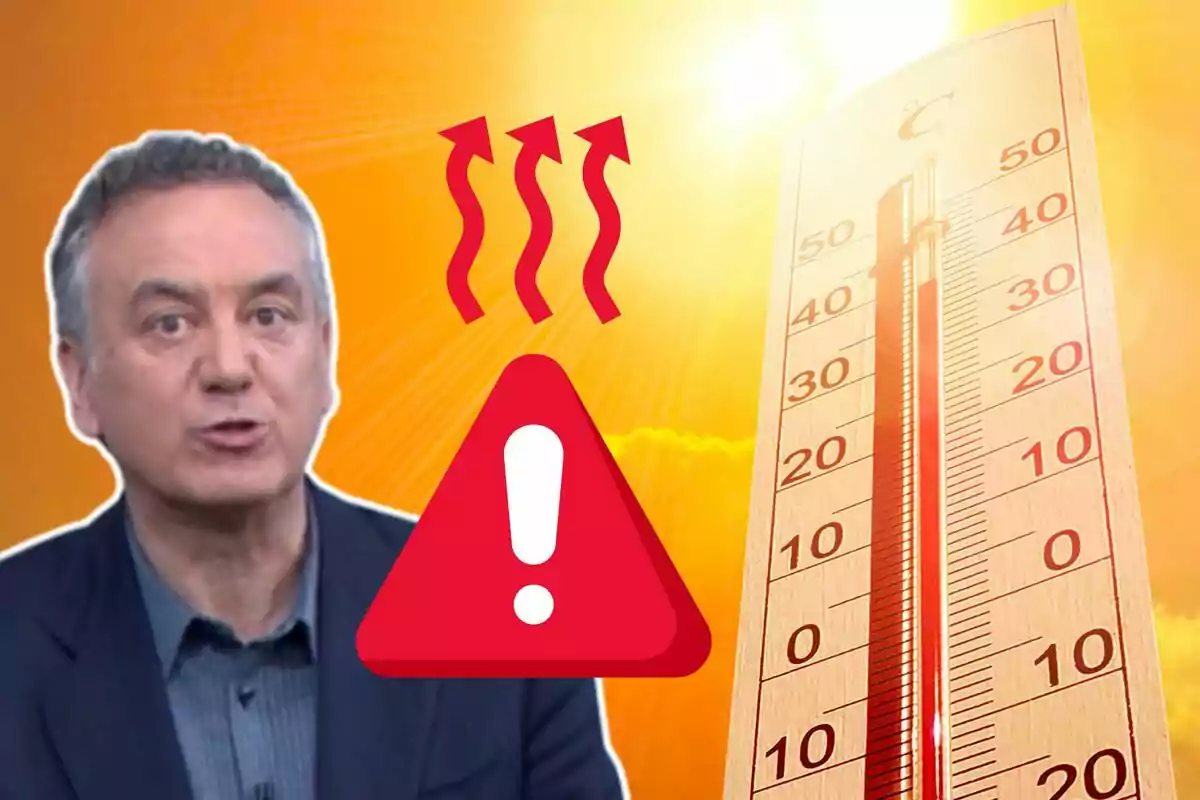 Hombre con expresión seria junto a un termómetro marcando altas temperaturas, un sol brillante, flechas rojas ascendentes y un triángulo de advertencia indicando una ola de calor Hombre con expresión seria junto a un termómetro marcando altas temperaturas, un sol brillante, flechas rojas ascendentes y un triángulo de advertencia indicando una ola de calor