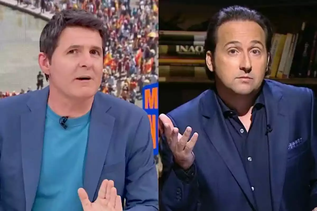 Jesús Cintora e Iker Jiménez con chaquetas azules aparecen en un montaje dividido, uno en un entorno de estudio con fondo de multitud y el otro en un ambiente con estantería de libros, ambos gesticulando con las manos.