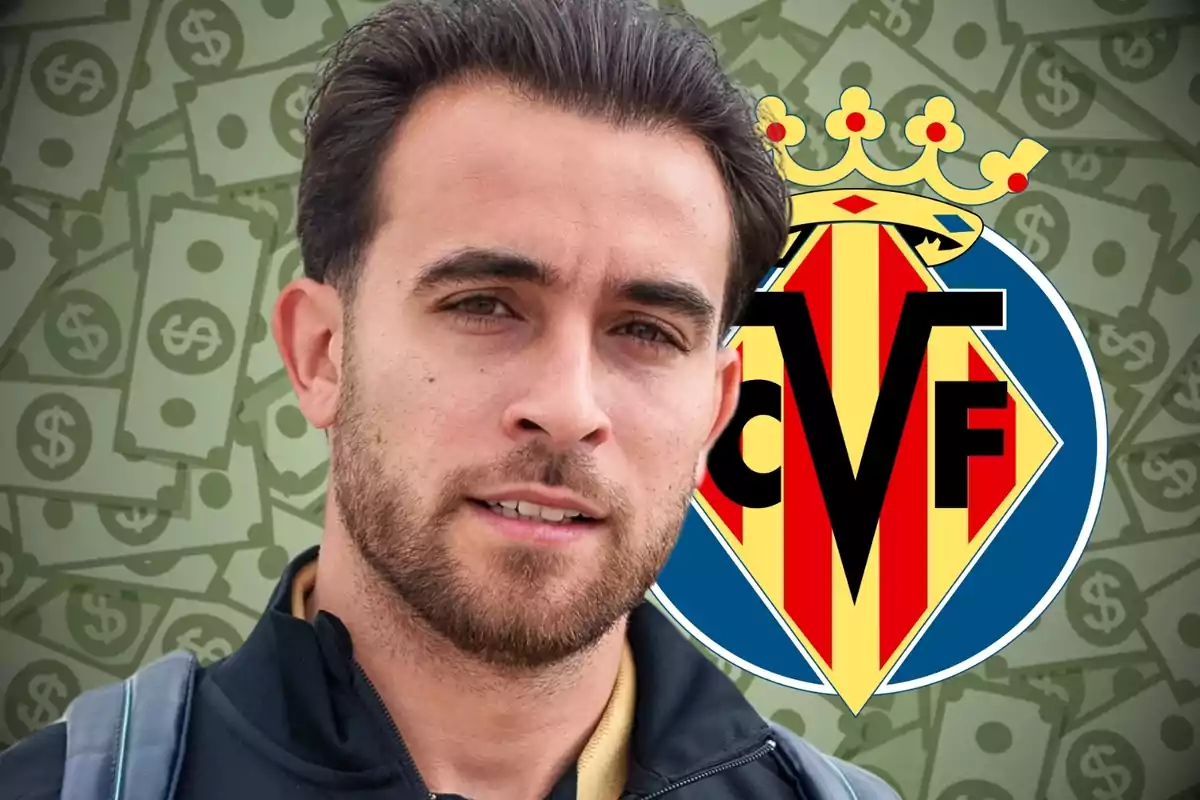 Un hombre con barba y cabello oscuro aparece en primer plano con el escudo del Villarreal CF y billetes de fondo.