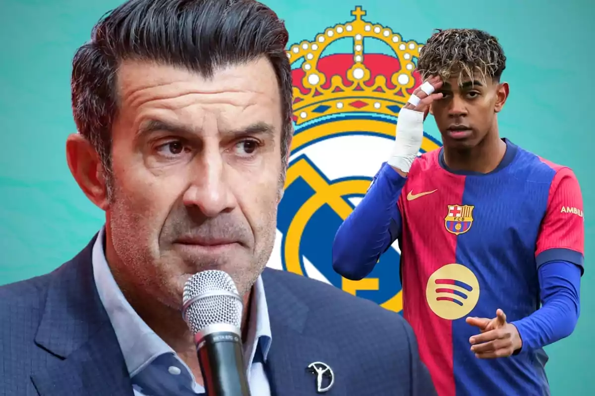Un hombre con micrófono y un futbolista con uniforme del Barcelona aparecen frente al escudo del Real Madrid