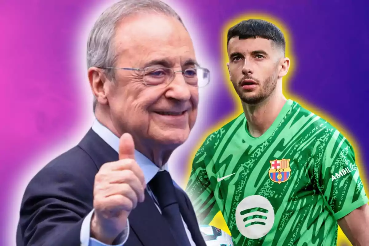 Florentino Pérez con el pulgar levantado con Joan García con la camiseta del FC Barcelona al fondo sobre un fondo de color morado