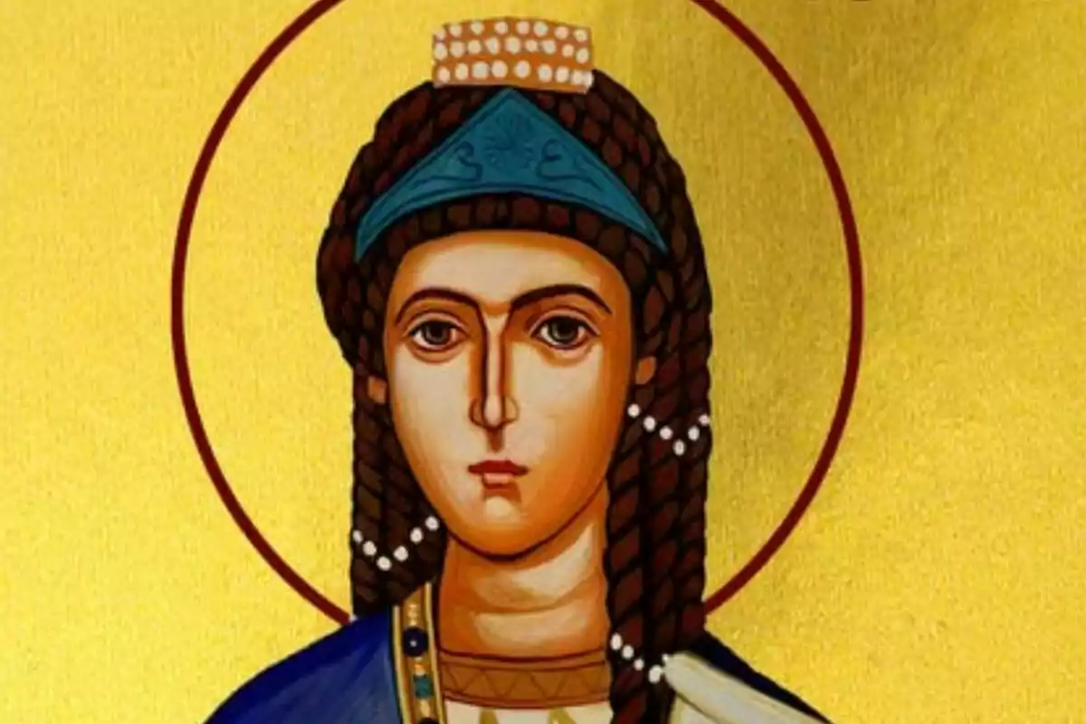 Pintura religiosa de una mujer con cabello trenzado, vestimenta azul y fondo dorado Pintura religiosa de una mujer con cabello trenzado, vestimenta azul y fondo dorado