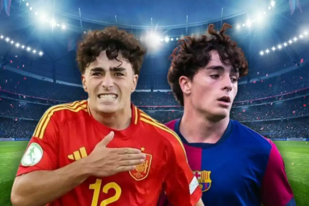 Dos futbolistas jóvenes en un estadio, uno con uniforme de la selección de España y el otro con el uniforme del FC Barcelona Dos futbolistas jóvenes en un estadio, uno con uniforme de la selección de España y el otro con el uniforme del FC Barcelona