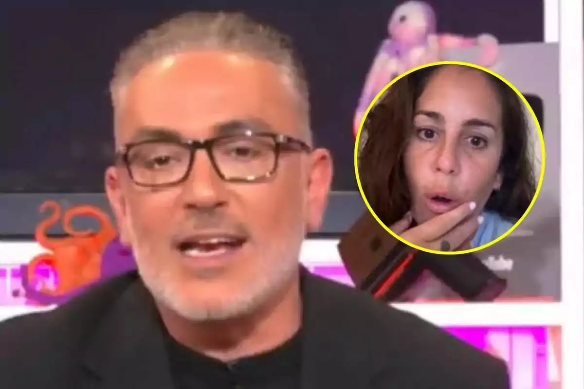Kiko Hernández con gafas y barba habla en Tentáculos en primer plano mientras en la esquina superior derecha aparece el rostro de Anabel Pantoja sorprendida dentro de un círculo amarillo
