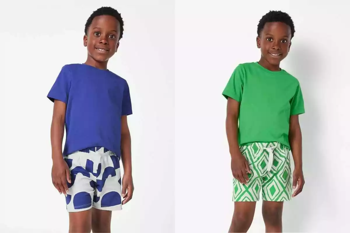Niño con camiseta azul y shorts estampados a la izquierda y el mismo niño con camiseta verde y shorts con patrón geométrico verde a la derecha Niño con camiseta azul y shorts estampados a la izquierda y el mismo niño con camiseta verde y shorts con patrón geométrico verde a la derecha