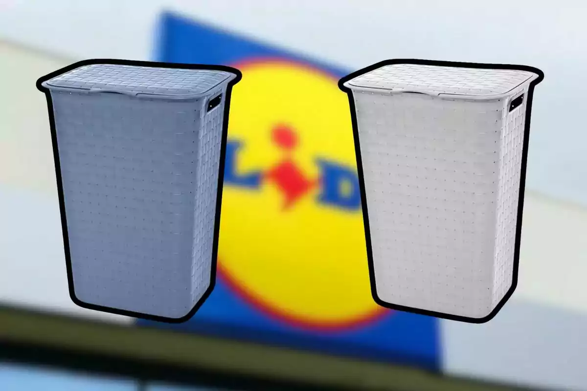 Dos cestos de ropa de diferentes colores con fondo desenfocado de un letrero de Lidl Dos cestos de ropa de diferentes colores con fondo desenfocado de un letrero de Lidl