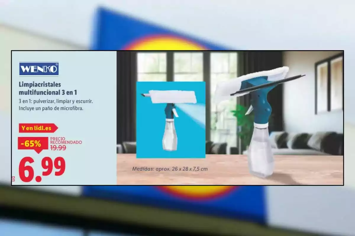 Publicidad de un limpiacristales multifuncional 3 en 1 de la marca Wenko con precio rebajado a 6,99 euros en Lidl, mostrando el producto sobre una mesa en una sala moderna Publicidad de un limpiacristales multifuncional 3 en 1 de la marca Wenko con precio rebajado a 6,99 euros en Lidl, mostrando el producto sobre una mesa en una sala moderna