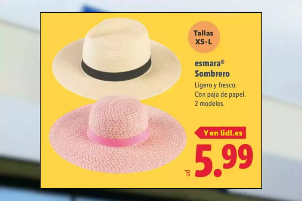Dos sombreros de paja de papel en colores claro y rosa con cintas decorativas, anuncio de venta con precio de 5.99 euros y tallas disponibles de XS a L Dos sombreros de paja de papel en colores claro y rosa con cintas decorativas, anuncio de venta con precio de 5.99 euros y tallas disponibles de XS a L