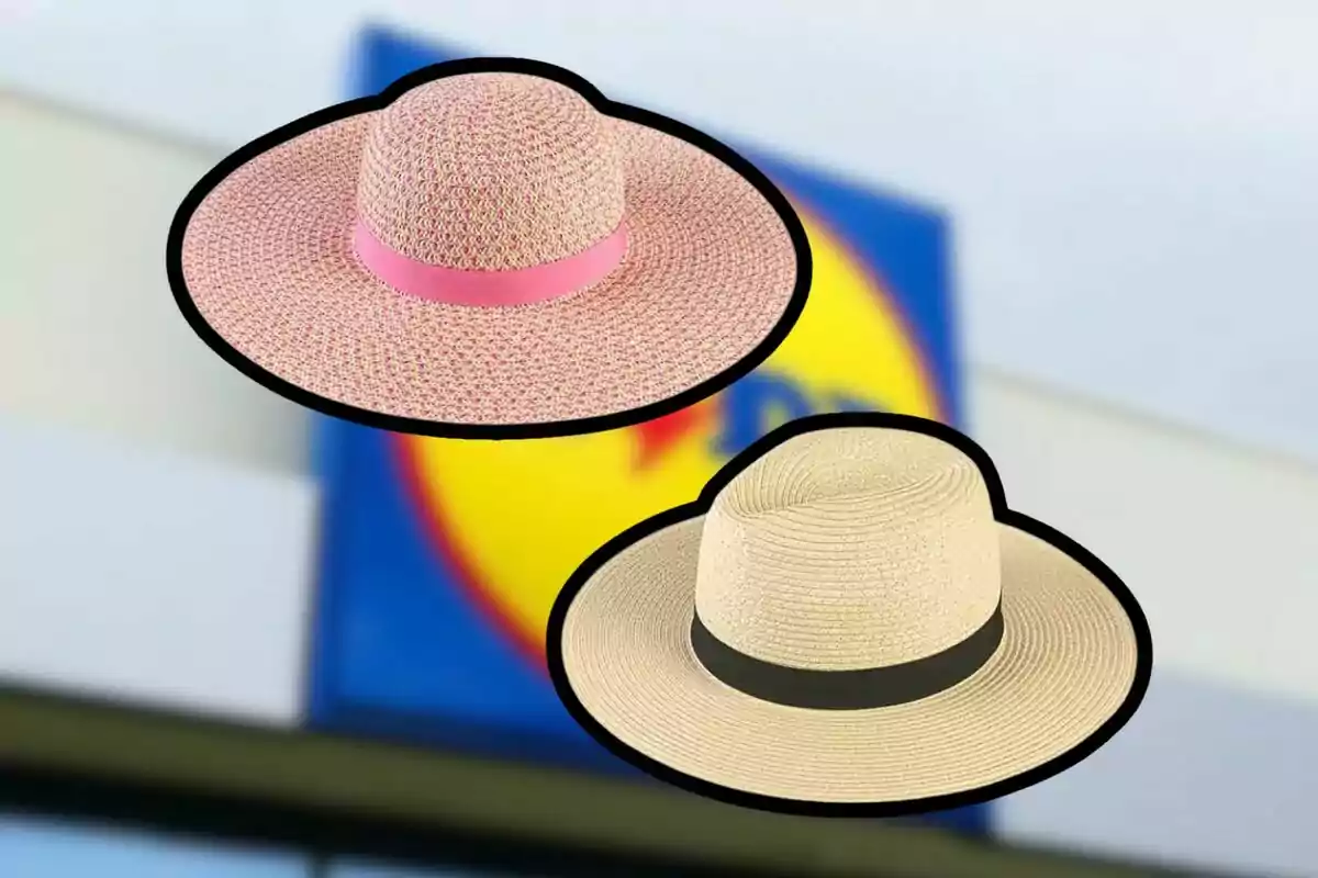 Dos sombreros de ala ancha, uno beige con cinta negra y otro rosado con cinta rosa, sobre un fondo desenfocado de un letrero de supermercado. Dos sombreros de ala ancha, uno beige con cinta negra y otro rosado con cinta rosa, sobre un fondo desenfocado de un letrero de supermercado.