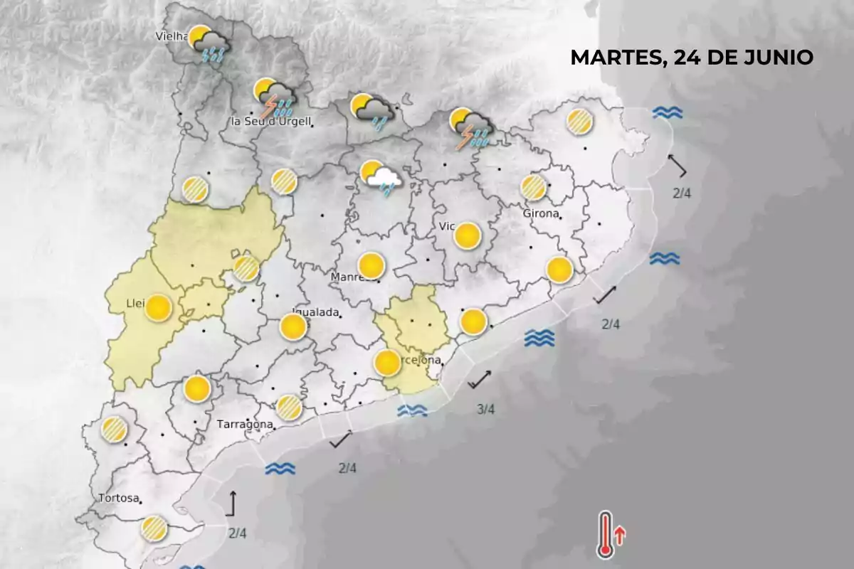 Mapa meteorológico de Cataluña para el martes 24 de junio con iconos de sol, nubes, lluvias y tormentas en diferentes regiones, además de zonas resaltadas en amarillo y símbolos de oleaje en la costa Mapa meteorológico de Cataluña para el martes 24 de junio con iconos de sol, nubes, lluvias y tormentas en diferentes regiones, además de zonas resaltadas en amarillo y símbolos de oleaje en la costa
