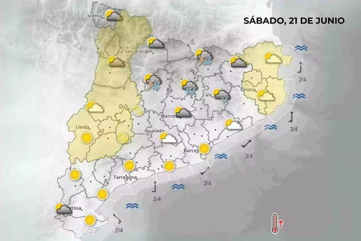 Mapa meteorológico de Cataluña para el sábado 21 de junio con iconos que muestran sol, nubes, lluvias y tormentas en diferentes zonas, además de símbolos de oleaje en la costa y un termómetro indicando subida de temperatura Mapa meteorológico de Cataluña para el sábado 21 de junio con iconos que muestran sol, nubes, lluvias y tormentas en diferentes zonas, además de símbolos de oleaje en la costa y un termómetro indicando subida de temperatura