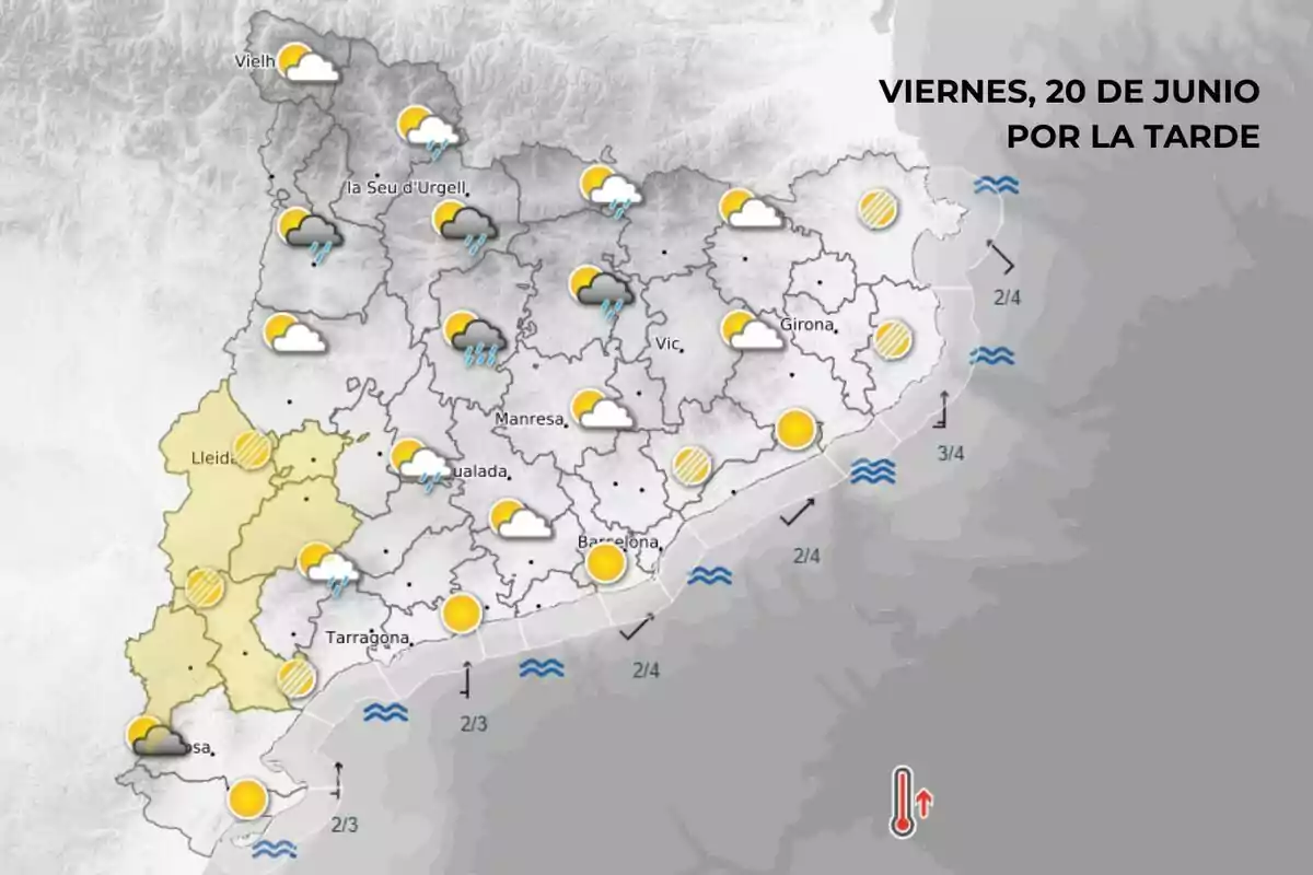 Mapa meteorológico de Cataluña para la tarde del viernes 20 de junio con iconos que indican lluvias en el norte y oeste, nubes y claros en el centro y sol en la costa, además de advertencia de temperaturas altas en el sur y oeste. Mapa meteorológico de Cataluña para la tarde del viernes 20 de junio con iconos que indican lluvias en el norte y oeste, nubes y claros en el centro y sol en la costa, además de advertencia de temperaturas altas en el sur y oeste.
