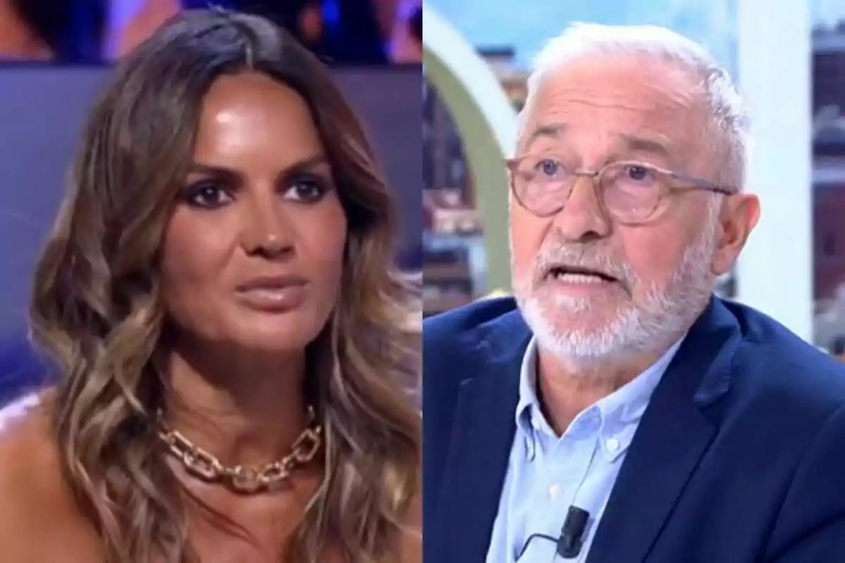 Marta López de cabello largo en De Viernes y ondulado junto a Xavier Sardà en Tardear de cabello canoso y barba, ambos en un entorno de estudio de televisión