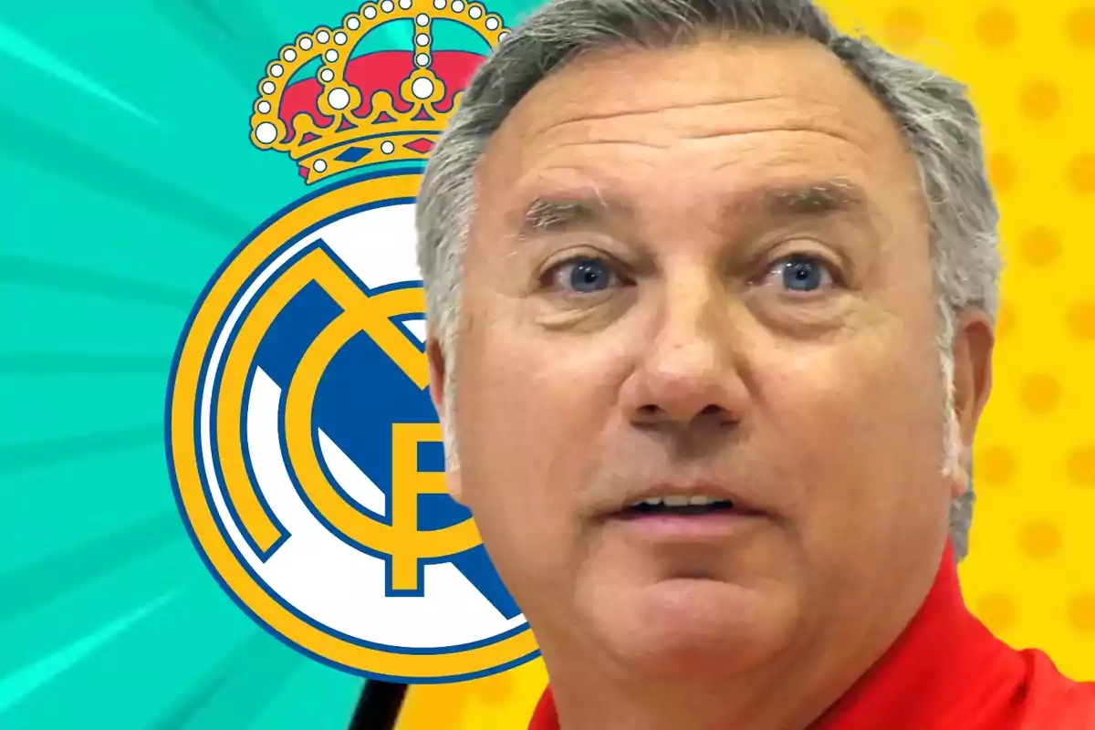 Hombre de cabello canoso y ojos azules con el escudo del Real Madrid de fondo sobre un diseño colorido