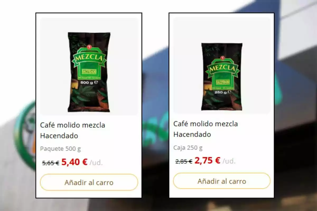 Dos paquetes de café molido mezcla Hacendado en presentación de 500 gramos y 250 gramos con sus precios rebajados y opción de añadir al carrito de compra Dos paquetes de café molido mezcla Hacendado en presentación de 500 gramos y 250 gramos con sus precios rebajados y opción de añadir al carrito de compra