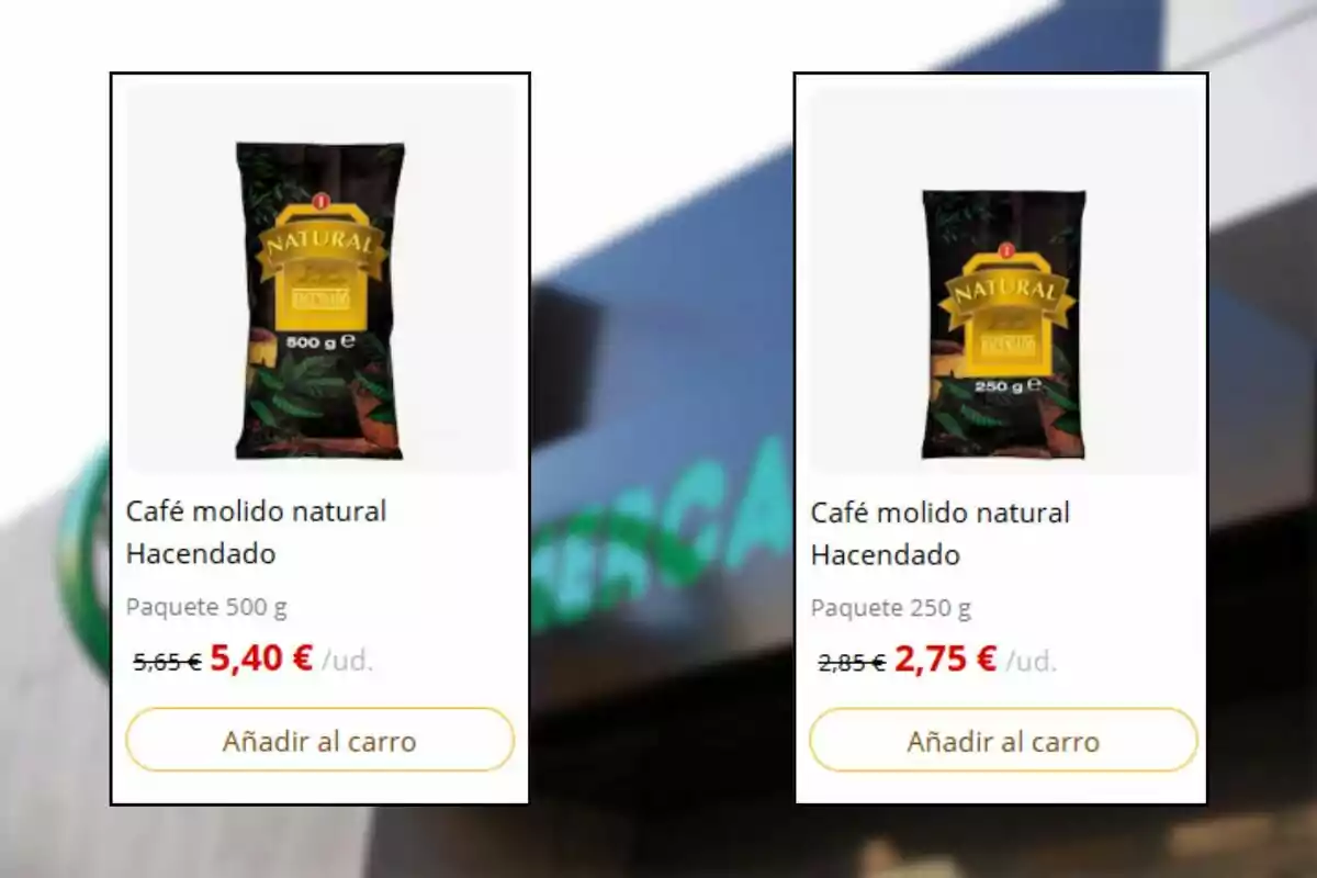 Dos paquetes de café molido natural Hacendado en presentación de 500 gramos y 250 gramos con sus precios rebajados y opción de añadir al carrito Dos paquetes de café molido natural Hacendado en presentación de 500 gramos y 250 gramos con sus precios rebajados y opción de añadir al carrito