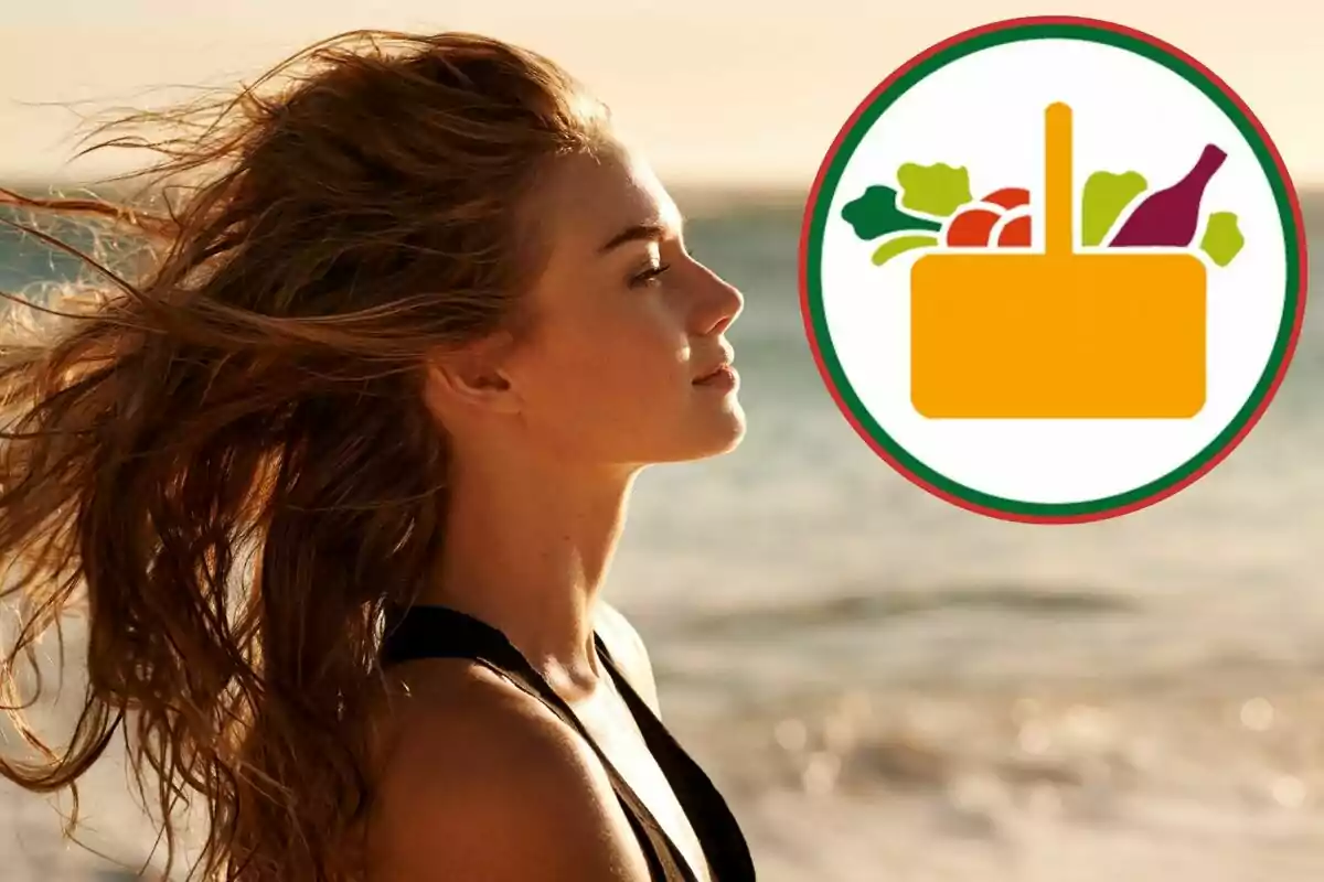 Mujer de perfil en la playa con el cabello al viento y un gráfico de canasta de alimentos en la esquina superior derecha