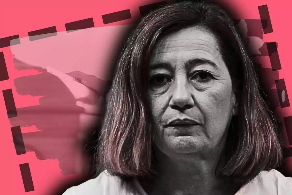 Montaje de fotos de Francins Armengol con expresión seria en primer plano con fondo rosa y detalles gráficos oscuros.