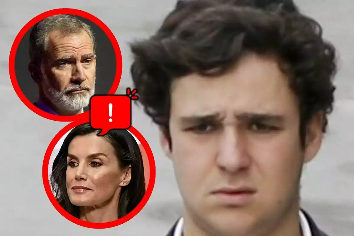 Froilán con expresión seria en primer plano y dos rostros de adultos -que son Felipe VI y Letizia Ortiz- en círculos rojos con un icono de exclamación entre ellos.