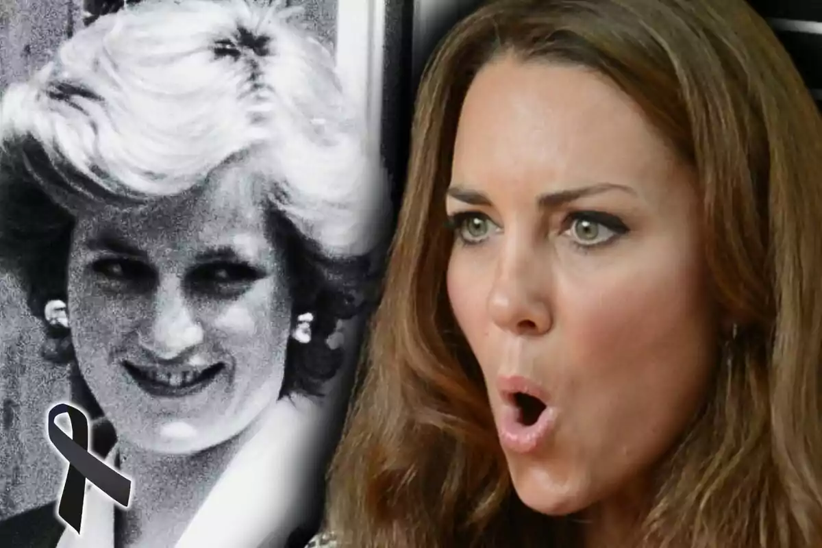 Montaje de fotos de primer plano de Lady Di en blanco y negro y, al lado, una imagen de Kate Middleton con rostro sonriente.