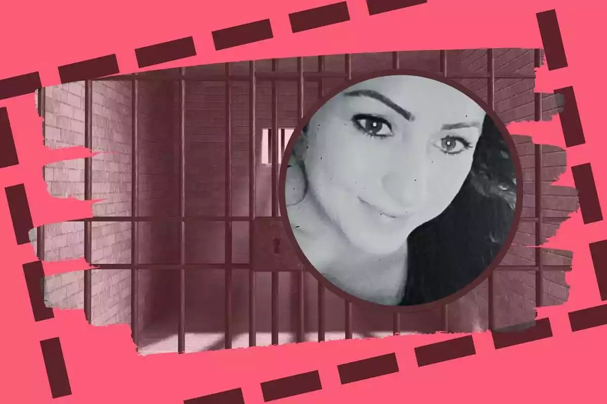 Montaje con una celda de prisión de fondo y el retrato de Núria López en blanco y negro enmarcado en un círculo sobre un diseño gráfico en tonos rosa y marrón.
