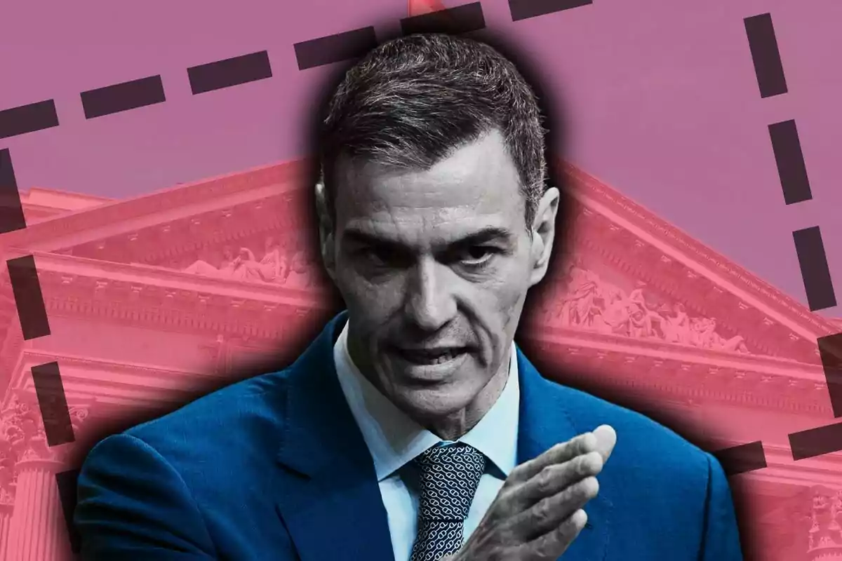 Montaje de fotos de plano corto de Pedro Sánchez con rostro de enfado y, de fondo, una imagen de la fachada del Congreso de los Diputados.