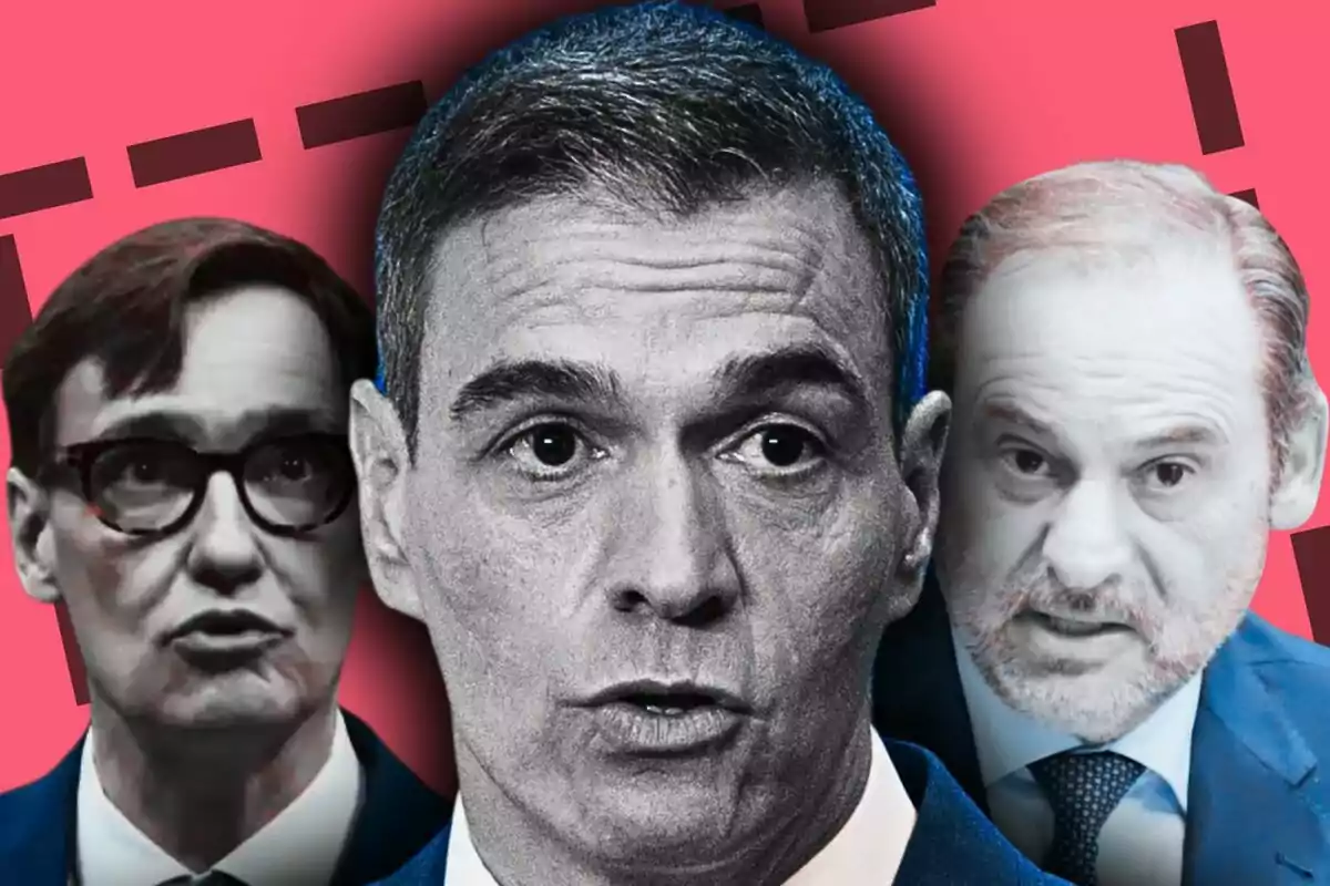 Montaje de fotos de primer plano de Pedro Sánchez, Salvador Illa y José Luis Ábalos.