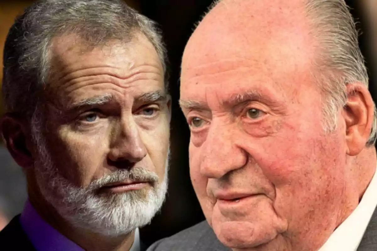 Montaje de fotos de primer plano del rey emérito, Juan Carlos I, y el rey Felipe VI, ambos con rostro serio.