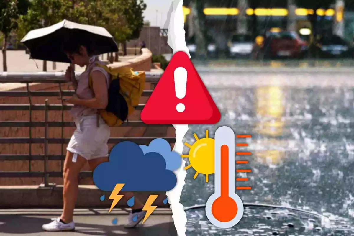 Una imagen dividida en dos mitades que muestra a una persona caminando bajo el sol con paraguas y mochila a la izquierda y una calle lluviosa con autos al fondo a la derecha con iconos de advertencia, tormenta, sol y termómetro superpuestos Una imagen dividida en dos mitades que muestra a una persona caminando bajo el sol con paraguas y mochila a la izquierda y una calle lluviosa con autos al fondo a la derecha con iconos de advertencia, tormenta, sol y termómetro superpuestos