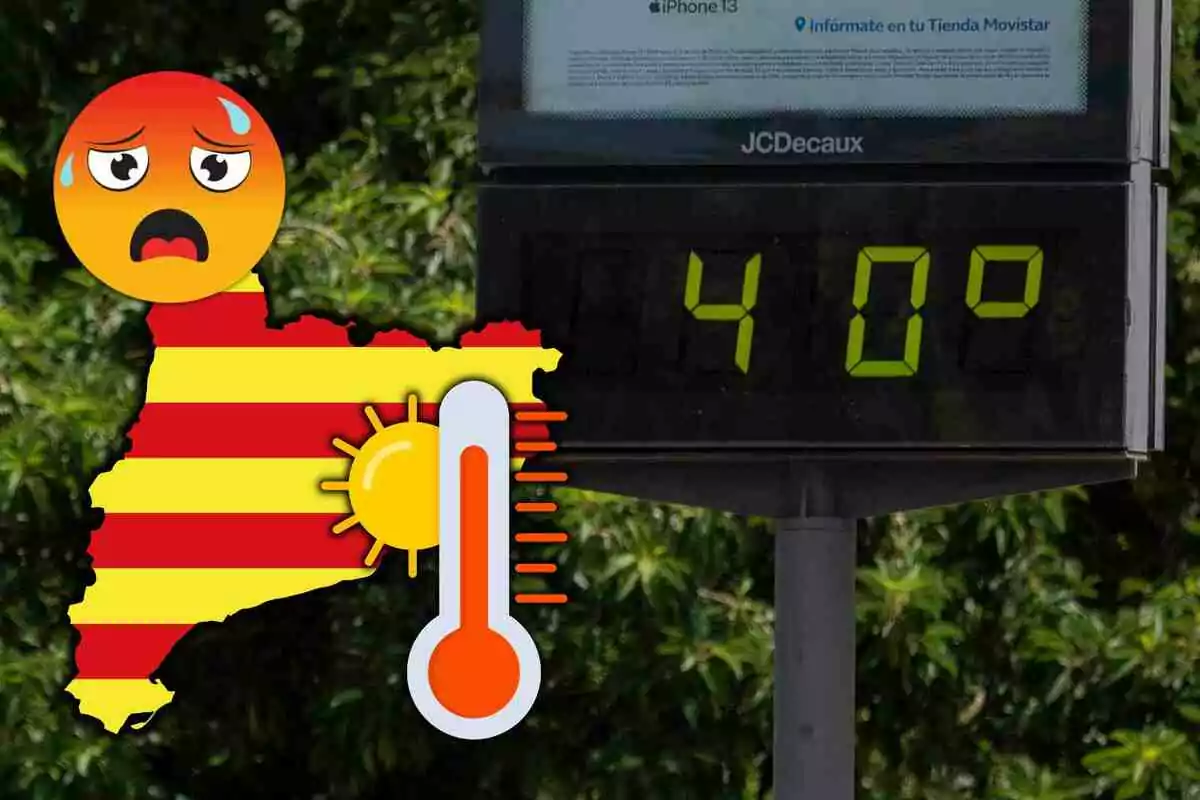 Un termómetro digital muestra 40 grados mientras una ilustración de un mapa con franjas rojas y amarillas, un emoji acalorado y un sol refuerzan la idea de una ola de calor intensa.