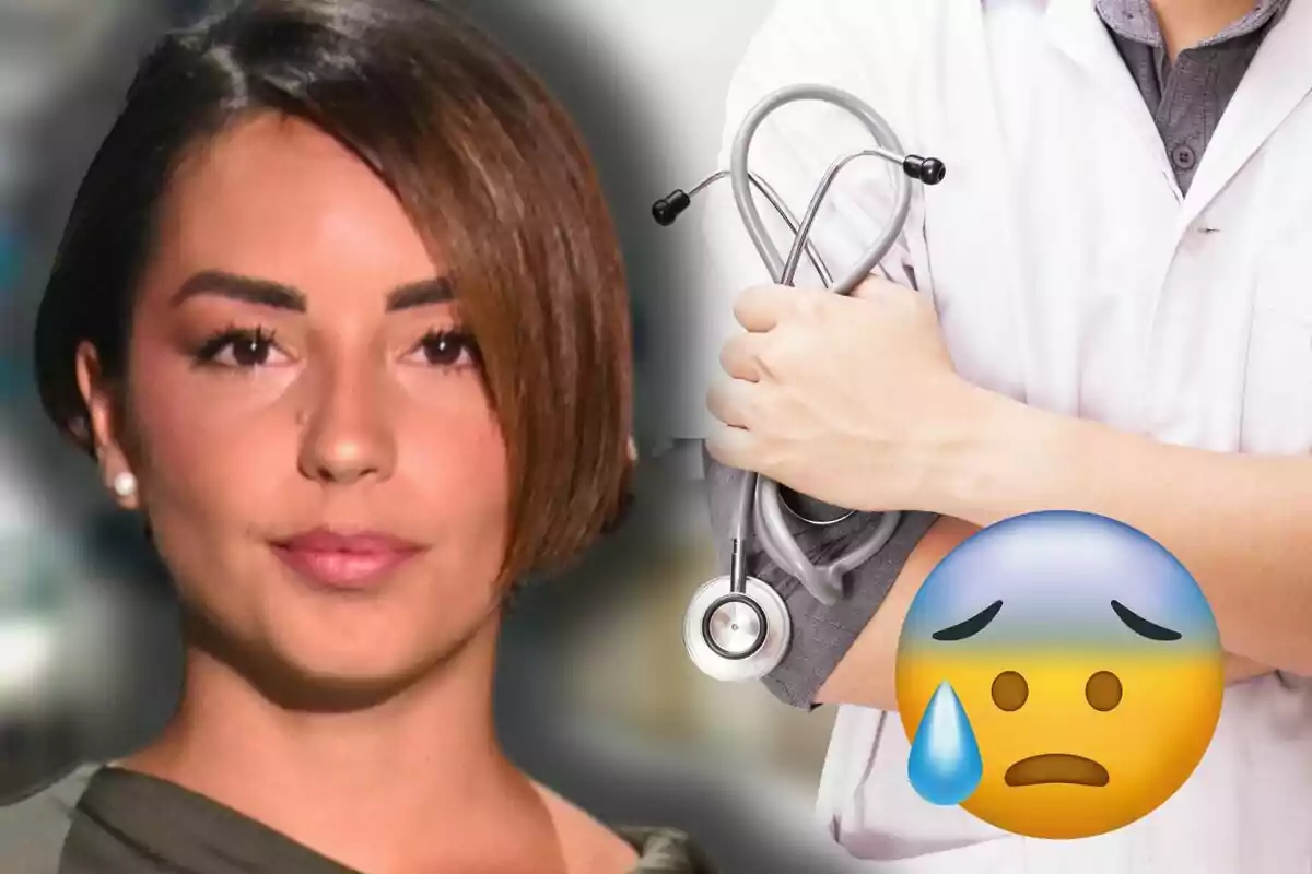 Anita con expresión seria junto a un médico con bata blanca y un estetoscopio, acompañado de un emoji triste