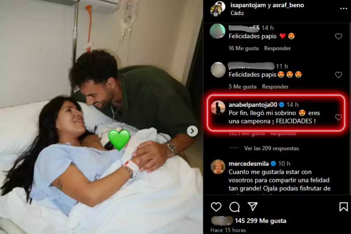 Isa Pantoja recostada en una cama de hospital sonríe mientras sostiene a un bebé cubierto con una manta blanca, a su lado Asraf Beno se inclina hacia ella y le toma la mano, ambos parecen felices y emocionados, en la pantalla se ven comentarios de felicitación en una red social. Isa Pantoja recostada en una cama de hospital sonríe mientras sostiene a un bebé cubierto con una manta blanca, a su lado Asraf Beno se inclina hacia ella y le toma la mano, ambos parecen felices y emocionados, en la pantalla se ven comentarios de felicitación en una red social.