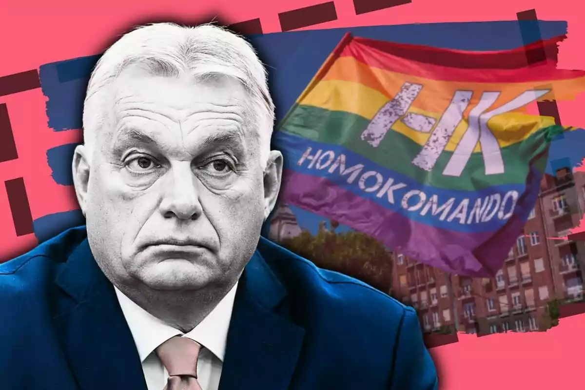 Hombre de cabello canoso con expresión seria en primer plano y una bandera arcoíris con la palabra homokomando ondeando al fondo sobre un fondo rosa con detalles gráficos.