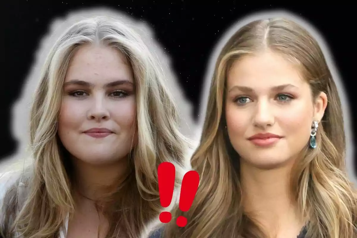 Amalia de Holanda y la princesa Leonor miran al frente sobre un fondo oscuro con un par de signos de exclamación rojos entre ellas