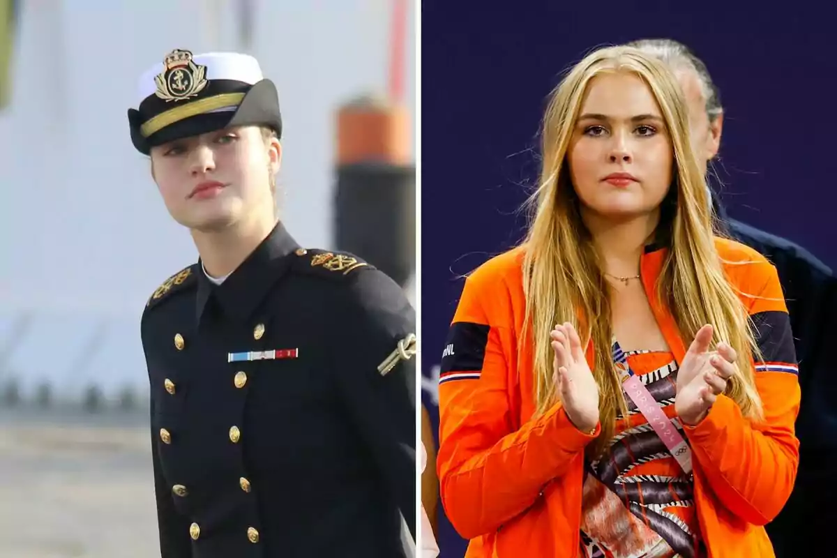 La princesa Leonor y Amalia de Holanda, una vestida con uniforme militar y la otra con chaqueta naranja, aparecen en una imagen dividida en dos partes La princesa Leonor y Amalia de Holanda, una vestida con uniforme militar y la otra con chaqueta naranja, aparecen en una imagen dividida en dos partes