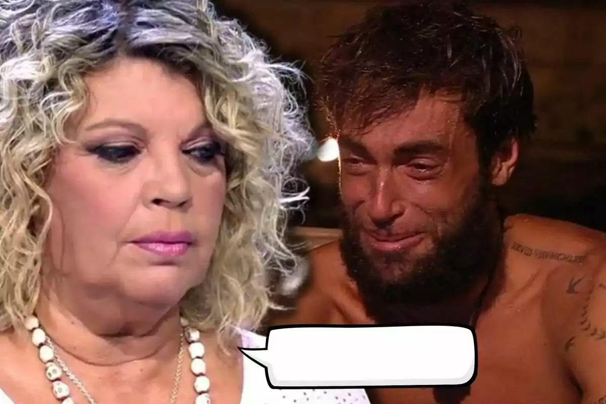 Terelu Campos mira seria hacia Montoya que parece estar llorando y tiene un bocadillo de diálogo vacío frente a él