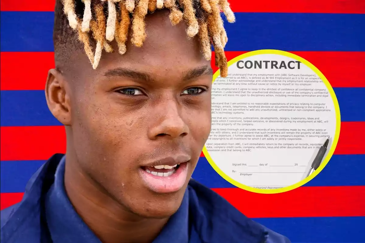 Joven con el cabello teñido de rubio al frente de un fondo con franjas rojas y azules y un contrato con bolígrafo al lado derecho