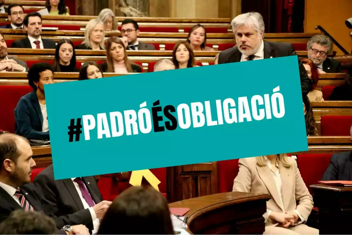 Personas sentadas en un parlamento con un cartel grande en el centro que dice #PadróÉsObligació