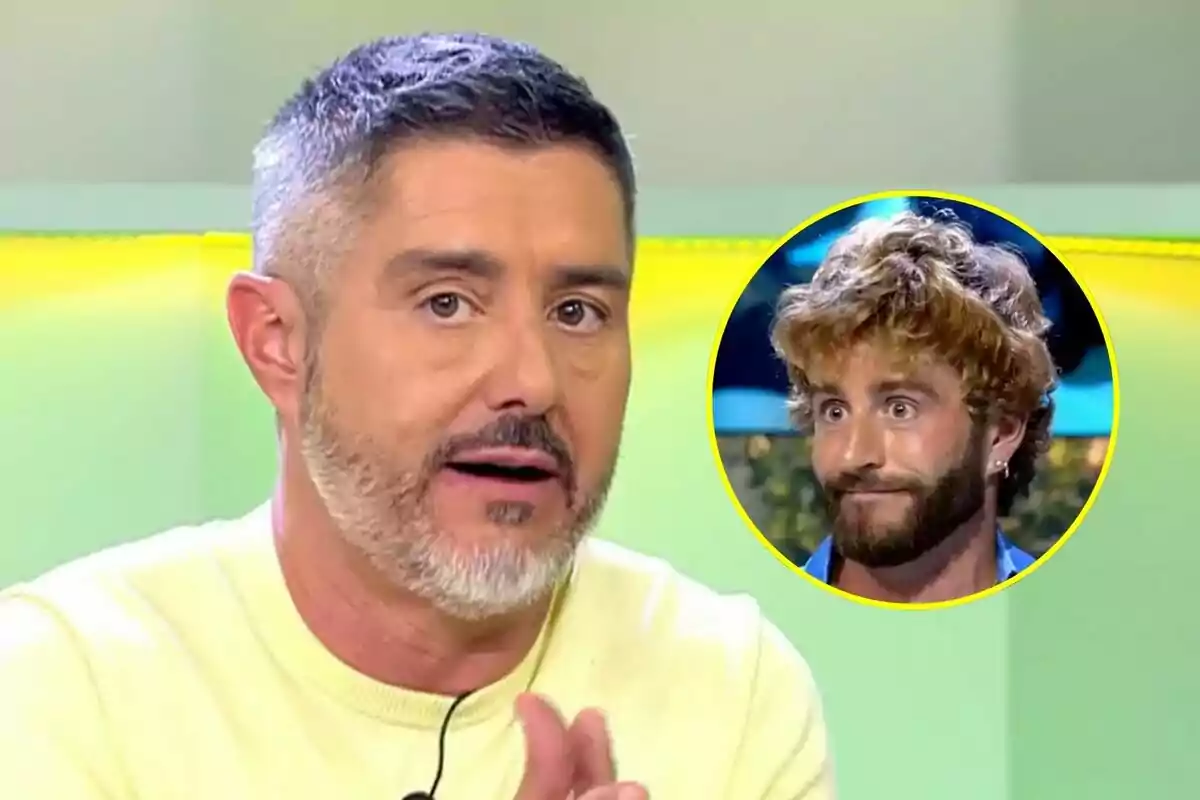 Pepe del Real de cabello corto y barba hablando en Vamos a ver con la imagen de Pelayo Díaz de cabello rizado y barba en Supervivientes dentro de un círculo amarillo en la esquina superior derecha