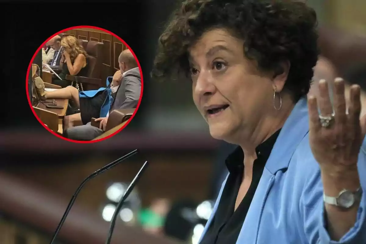 Mujer de cabello rizado y chaqueta azul hablando en un podio con un círculo que muestra a varias personas sentadas en un recinto parlamentario