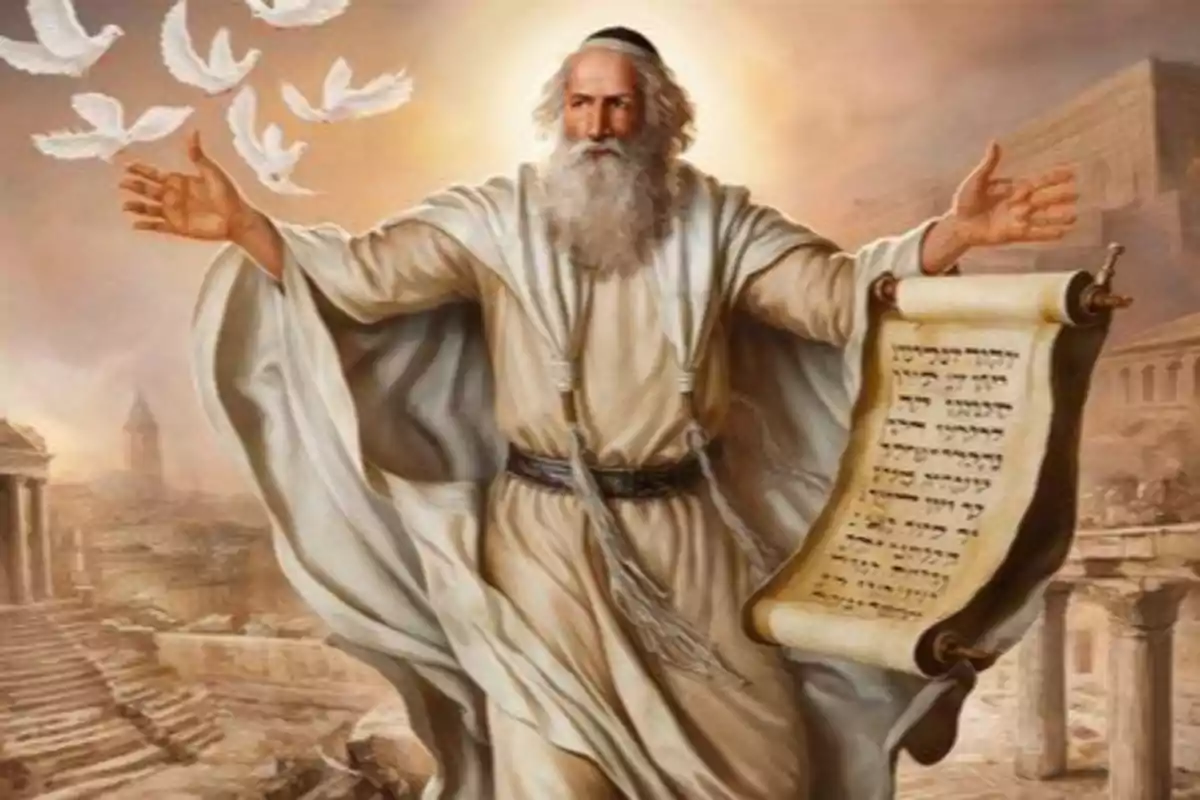 Hombre de barba blanca con túnica clara sosteniendo un pergamino con letras hebreas mientras varias palomas blancas vuelan a su alrededor en un entorno antiguo Hombre de barba blanca con túnica clara sosteniendo un pergamino con letras hebreas mientras varias palomas blancas vuelan a su alrededor en un entorno antiguo