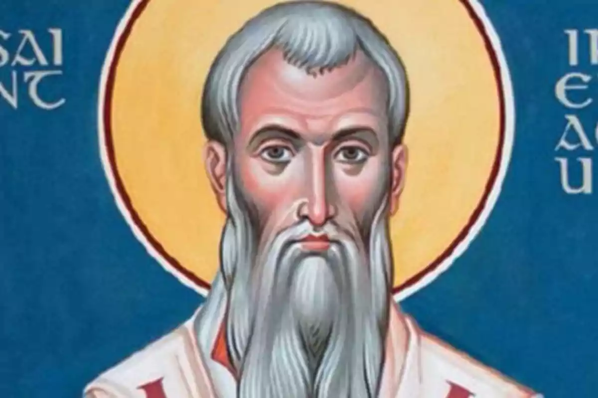 Pintura religiosa de un hombre con barba larga y cabello canoso sobre fondo azul y halo dorado